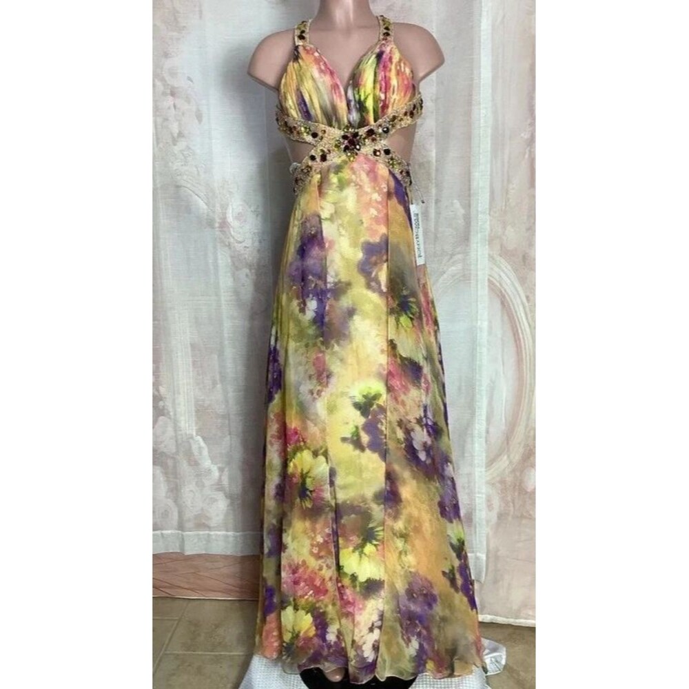 Tony Bowls Paris Floral Sequin Beaded Open Back Formal Gown Dress Women’s size 2